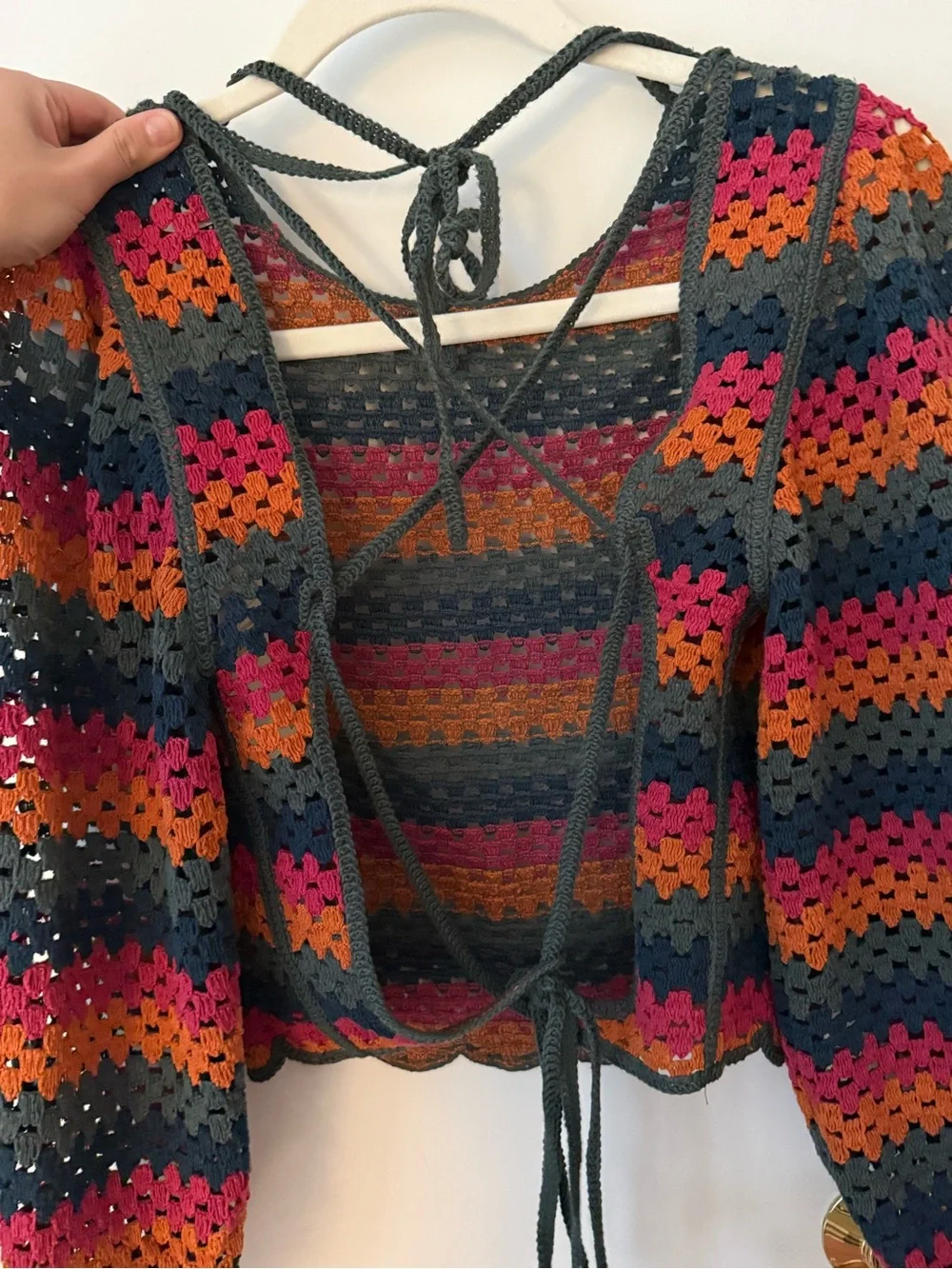 Zara Crochet Striped Puff Sleeve Top in Navy, Magenta & Orange